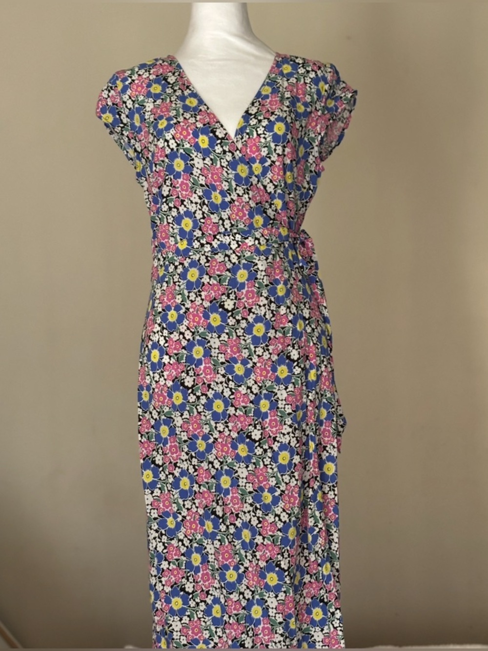 J. Crew Floral Wrap MidiDress in Pink, Blue & Black